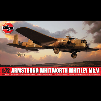 Model kit of Armstrong Whitworth Whitley Mk.V airplane with Airfix logo and product details. Airfix Armstrong Whitworth Whitley Mk.V 1:72 scale plastic model kit RAF bomber aircraft