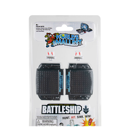 World's Smallest Battleship toy set in its original retail blister packaging, featuring two black plastic ships with blue accents and white mini accessories. World's Smallest Battleship miniature naval combat game