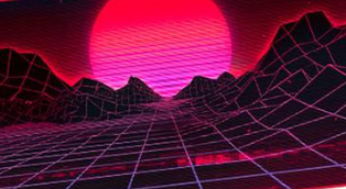 Retrowave Mountains playmat by 1UP Dice with a cyber grid, dark wireframe mountains, and a glowing pink sun. Retro aesthetic with premium stitched edges.