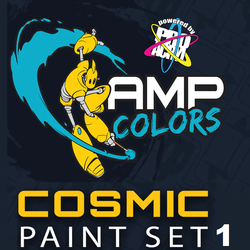 22ml bottles of AMP Colours Cosmic Paint Set #1, featuring 9 acrylic paints in vibrant colours for hobby and miniature painting, designed for both brush and airbrush applications.