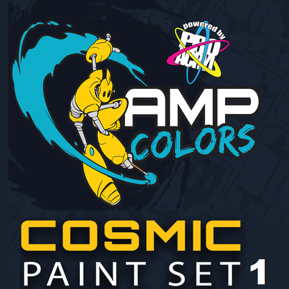 22ml bottles of AMP Colours Cosmic Paint Set #1, featuring 9 acrylic paints in vibrant colours for hobby and miniature painting, designed for both brush and airbrush applications.