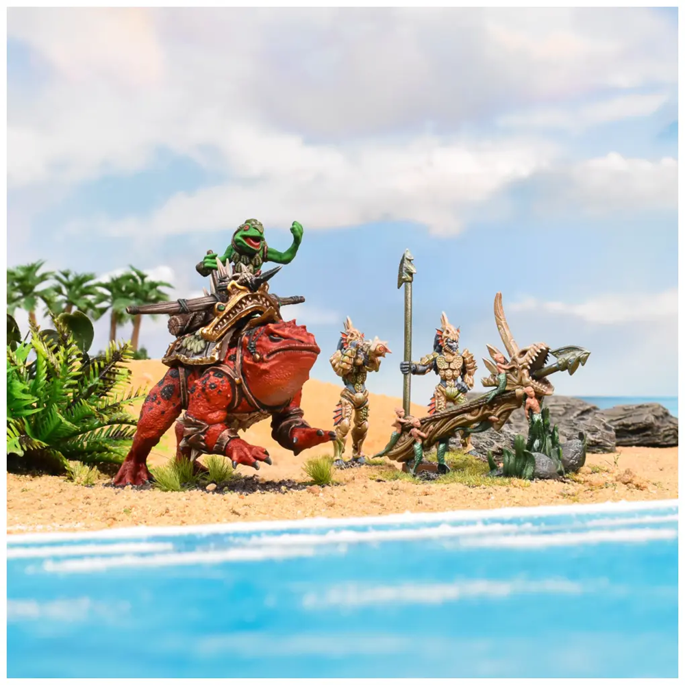 Mantic Trident Realm War Engines Leviathans Bane and Dambuster miniatures for Kings of War. Kings of War miniature figures on a beach with a clear sky