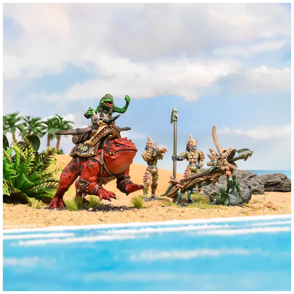 Mantic Trident Realm War Engines Leviathans Bane and Dambuster miniatures for Kings of War. Kings of War miniature figures on a beach with a clear sky