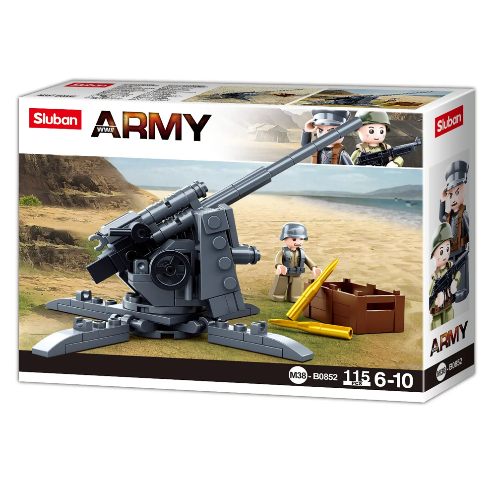 Sluban Army toy set packaging with a cannon and soldiers on a desert landscape. WW2 German 88MM Flak Anti Tank Fun