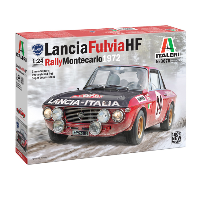 Italeri Lancia Fulvia HF Rally Montecarlo 1972 1:24 Scale Model Kit. Model car kit box for Lancia Fulvia HF Rally Montecarlo 1972 by Italeri