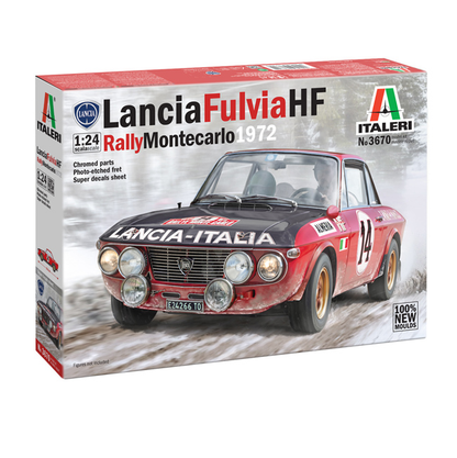 Italeri Lancia Fulvia HF Rally Montecarlo 1972 1:24 Scale Model Kit. Model car kit box for Lancia Fulvia HF Rally Montecarlo 1972 by Italeri