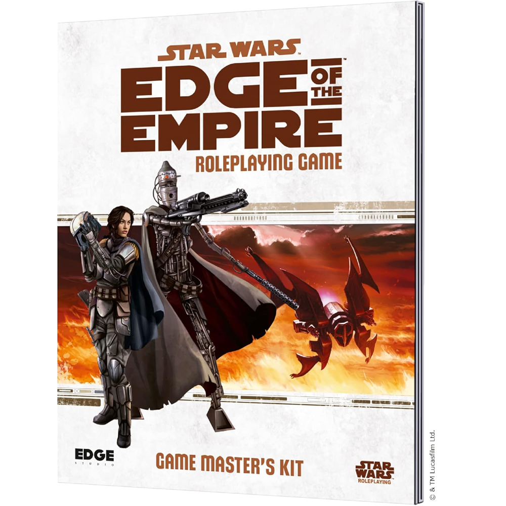 Star Wars: Edge of the Empire Roleplaying Game Game Master's Kit box set, featuring a detailed cover illustration of a female warrior and a robotic companion against a fiery orange and red background. Star Wars Edge of the Empire RPG Game Master's Kit 32 page book and four panel GM screen