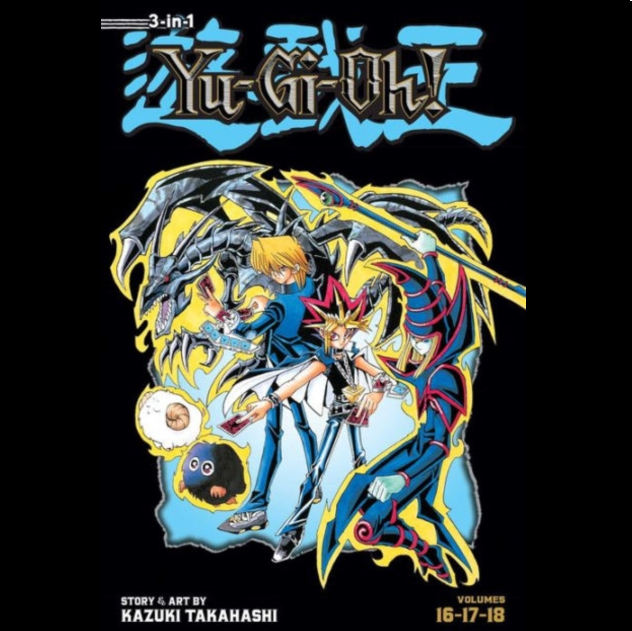 Yu-Gi-Oh 3-in-1 Edition Vol 6 manga omnibus by Kazuki Takahashi paperback. Yu-Gi-Oh! book cover with characters and dragon-like creatures on a black background