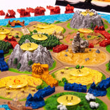 Catan 3d edition - close up uf the 3d board, mountains, fields, forests, 
