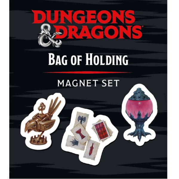 A officially licensed Dungeons & Dragons bag of holding magnet set and mini book, making a great gift for a Dungeons and Dragons fan.