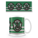 A white mug with the Slytherin grey and green colours in stripes and the house crest in three places running around the mug