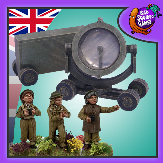 ATS Crew with Searchlight is a set containing metal miniatures by Bad Squiddo Games and laser cut searchlight by Sarissa. Three single cast metal female miniatures in uniform for your wargame table together with MDF 2mm laser cut etched detail kit to create a searchlight and generator set. 