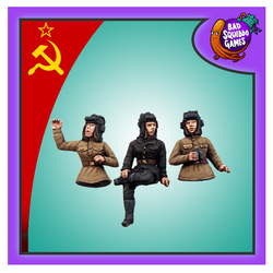 Female Soviet Tank Commanders FZ008 metal gaming miniatures, the picture shows two half body and one full body figure in a sitting position. The image has a purple border, soviet flag and bad squiddo logo. 