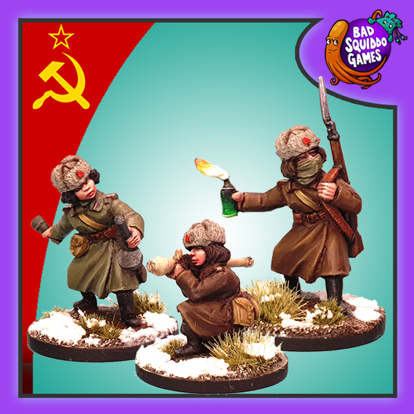 Soviet Winter Tank Attackers is a pack of three metal miniature depicting female soviet tank hunters in winter attire carrying an anti tank weapon and grenade from the women of world war 2 range by Bad Squiddo Games,