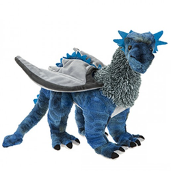 A wonderful posable plushie fantasy blue dragon with grey wings,