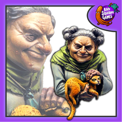 Bad Squiddo Games Margery the crone bust miniature. n elderly lady, wearing a shawl and stroking her cat.