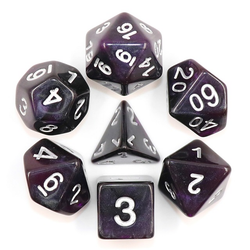 Universe Amethyst dice are a set of silver numbered, dark purple and black swirling colour dice
