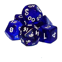 A set of Dark Blue Gem dice for use with D&D or the d20 open game system. These rich dark blue dice have white numbers and a semi translucent look. 