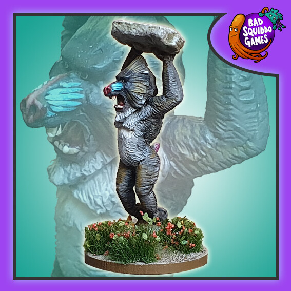 Manu the Mandrill - BFM047 FAF027 by Bad Squiddo Games. this image shows a painted mandrill gaming figure standing on its hind legs holding a rock above its head in an angry pose
