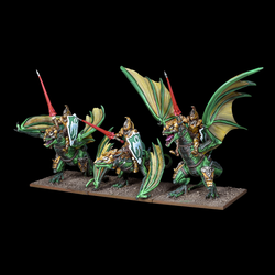 Resin miniatures. This pack contains three Elf Drakon riders in various battle poses for your Kings Of War gaming table.