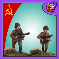 Female Soviet Infantry with submachine guns both in a standing position one with a stance of moving forward and the other with one leg forward. Picture shows the painted metal gaming figures with a purple boarder, soviet flag to the left and Bad Squiddo Logo to the top right