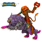 Overdrive Tigrax vs Shadow Rival Pack. This miniature is of a tiger type creature riding a purple wolf like creature