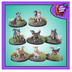 Vallhunder Swedish Cattle Dogs miniatures from Bad Squiddo Games. This image shows 8 painted miniatures of dogs in a verity of brown and blacks.