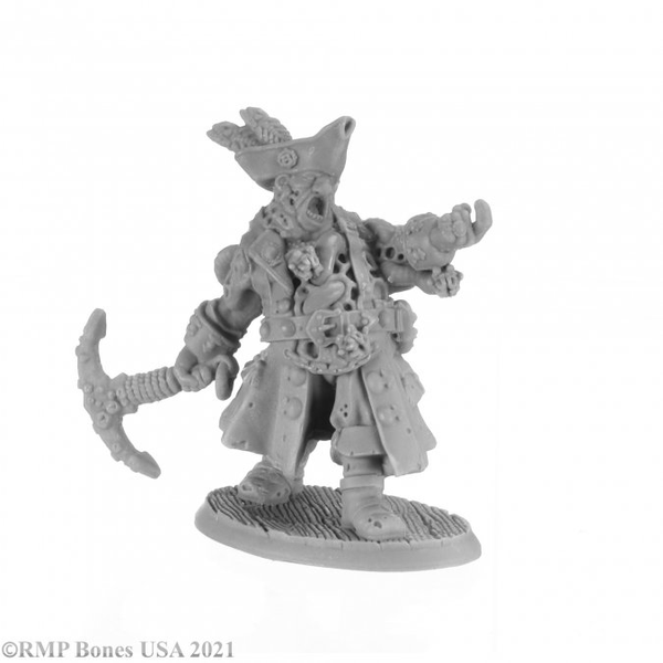 Reaper miniatures gaming figure 30039 Captain Barty Redd. his guts hanging out and the barnacles that have made his body their home Captain Redd is still very much in charge with an anchor in one hand and the other beckoning with his finger, mouth open as if shouting 