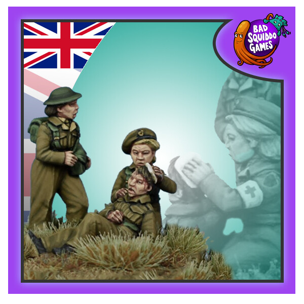 Bad squiddo gaming miniatures, this image has a purple boarder, the united kingdom flag in the top left and the bad squiddo logo in the top right. HF006 One female field medic is attending to a wounded solider (this comes as one piece) and her colleague is assisting