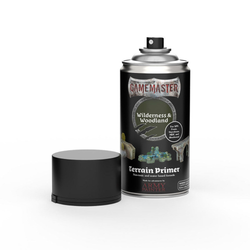 Can of Wilderness & Woodland  GameMaster Terrain Primer by Army Painter with the cap on the floor next to it 