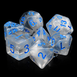 Elemental gem winter waltz RPG D20 dice set. Elemental two-tone dice in a cloudy wintery white with easy to read blue numbers