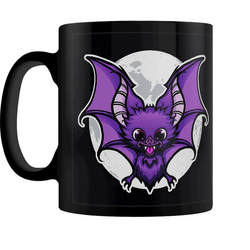 A black mug featuring a cute purple bat flying in front of a full moon 