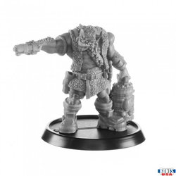 Oonda Roogtarki Smuggler miniature. A Sci-Fi bugbear holding a weapon out stretched with one arm and a barrel in the other. 