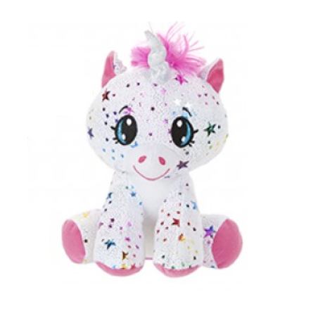 A super cute white unicorn soft toy by Cuddle Club, with iridescent fantasy mix colours star pattern, pink accents in ears and bottom of the legs as well as a silver horn and pink fluffy mane and tail.