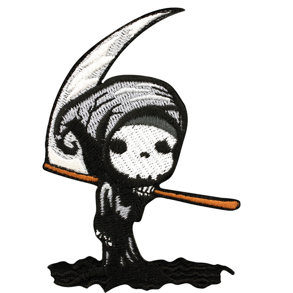 Cute Grim Reaper Iron On Patch with his hood up and his giant scythe slung over his shoulder