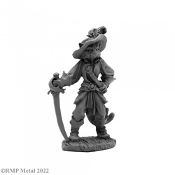 Catfolk Duelist from the Dark Heaven Legends metal range by Reaper Miniatures sculpted by Julie Guthrie. A great catfolk tabaxi metal miniature dressed in a large hat decorated with a feather, with one hand on the hip and the other holding a sword facing down into the ground.