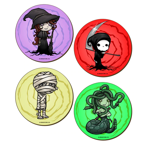 Set of four round coasters with a different coloured background and character, Grim Reaper, Mummy, Medusa and Witch in a cartoon style