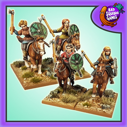 Bad squiddo metal gaming figures. mounted female warriors are carrying an axe and a shield.
