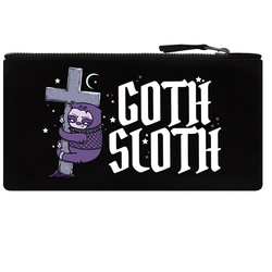 This black pencil case features a purple sloth hugging a cross design on the front and the words Goth Sloth in white writing and zip fastening