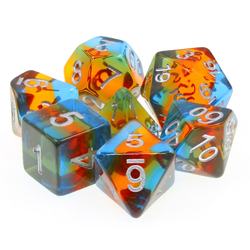 Aurora Parallel Universe poly dice set with silver numbers and blue, green and red aurora