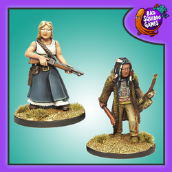 A pack of two metal Old West Fighters named sâkowêw & Daisy for your gaming table and RPG sculpted by Shane Hoyle for Bad Squiddo Games. Two female miniatures holding weapons, one dressed ina skirt and vest and the other in trousers and a fur coat.