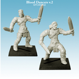 Blood Dancers by Spellcrow is a pack of 2 resin miniatures and 2 bases (25mmx25mm) depicting a male fighter holding a sword in each hand