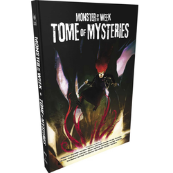 Monster of the Week Tome of Mysteries RPG. Black book with white writing and an image of a falling character into red tentacles  