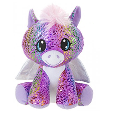 Pegasus soft toy. this winged horse has iridescent fantasy colours, silver wings and fluffy pink tail and mane.