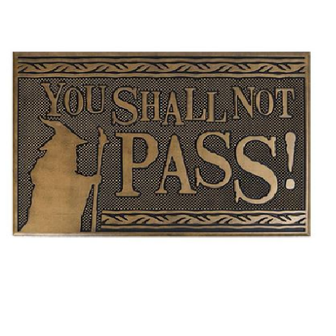  black and gold doormat has the image of a wizard and the words 'You Shall Not Pass!' . LOTR doormat