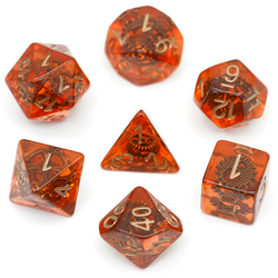 Entombed Gearwheel Gem dice in copper. These gem poly dice have a glorious amber copper colour with  golden cog detail inside each one and gold numbers.