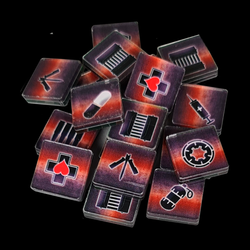 crylic counters to represent the items and equipment in your Sci-Fi skirmish game Deadzone. in red and black colours