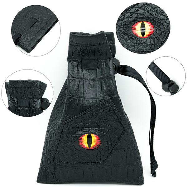 black polyurethane leather dice bag with a red demon eye and draw string fastening