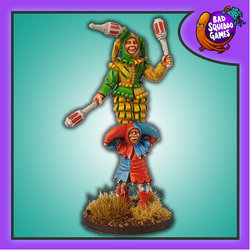 Bad Squiddo metal gaming miniatures, ne Jester juggling while stood on the shoulders of the other