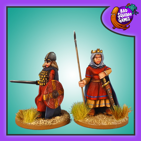 Bad Squiddo gaming miniature, Aethelflaed Queen of Mercia, one in a more casual attire and one in a stylised interpretation of a battle outfit holding a shield and sword.